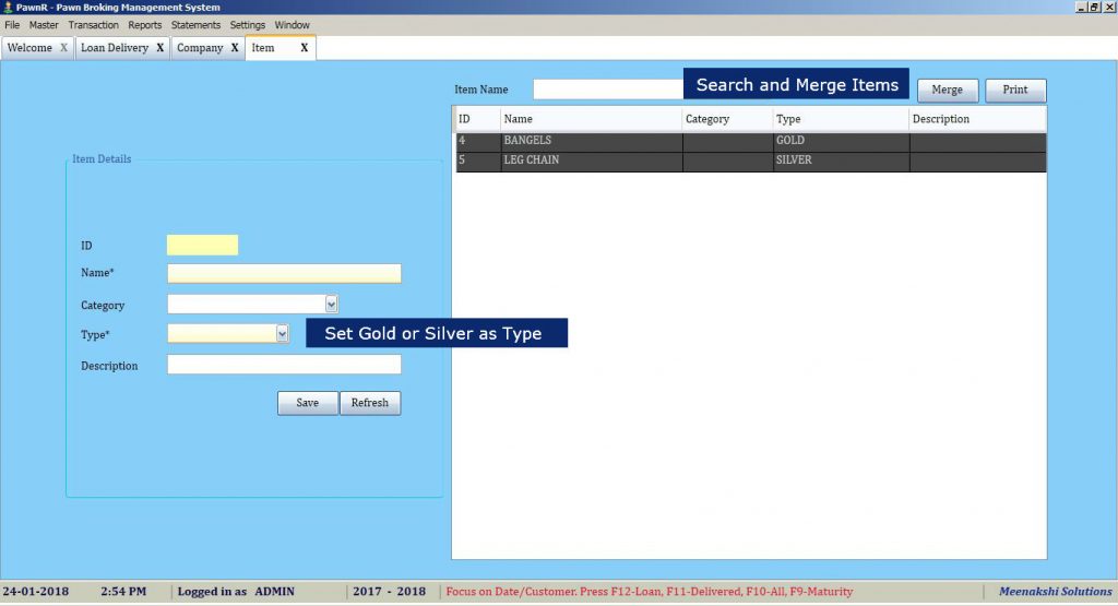 Item Master Screen - Pawn Broker Software