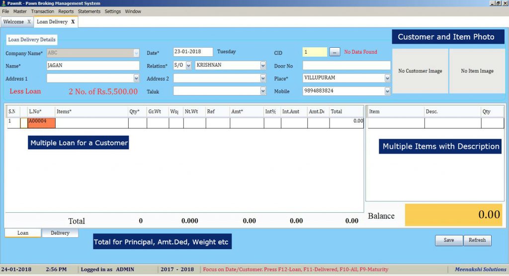 Loan Delivery Screen -Pawn Broker Software