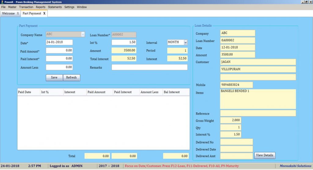 Part Payment Screen - Pawn Broker Software