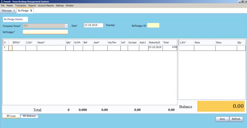 Re-Pledge Screen - Pawn Broker Software